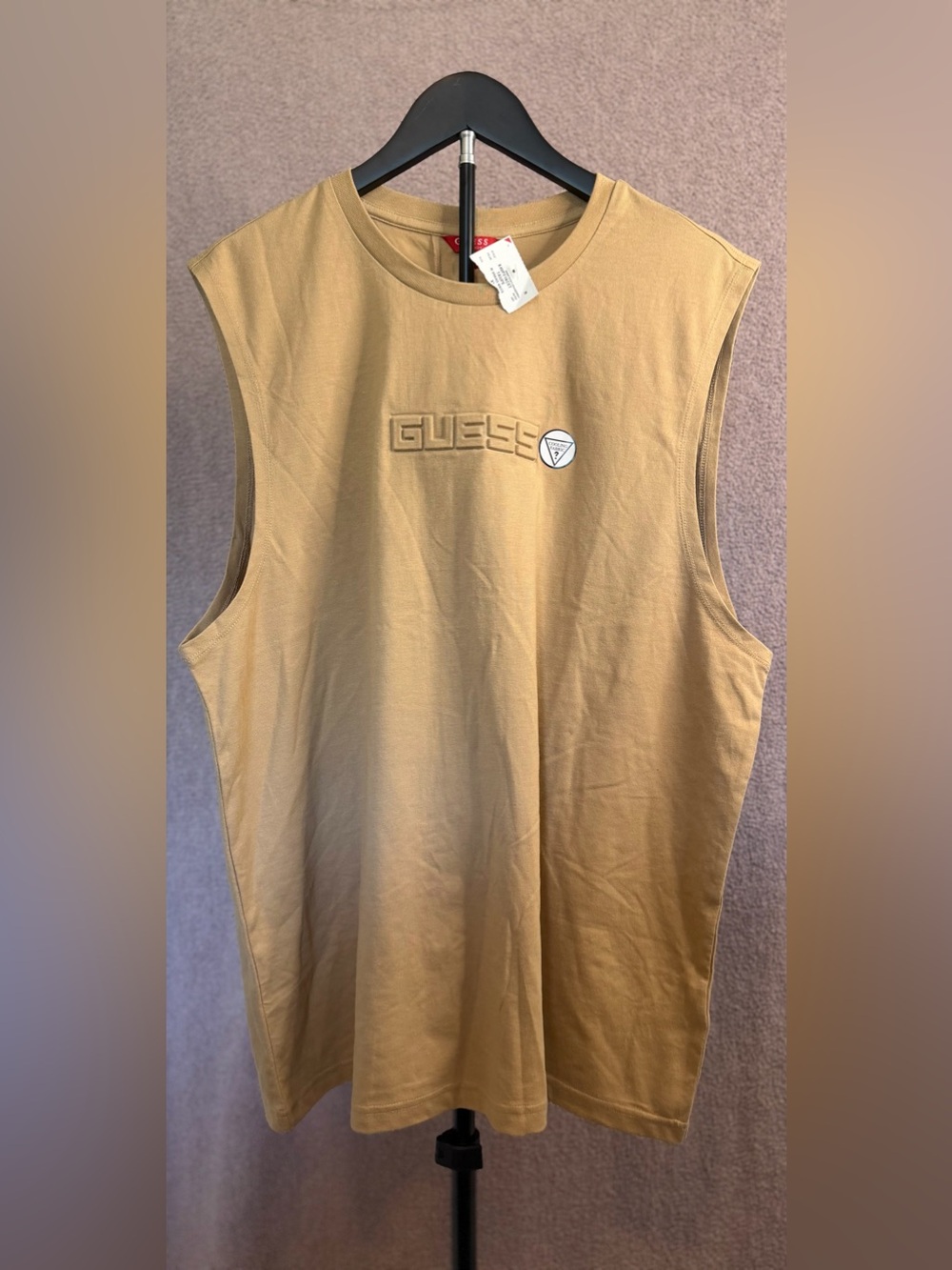 Guess Men’s Tan Embossed Logo Sleeveless Muscle Tank Top